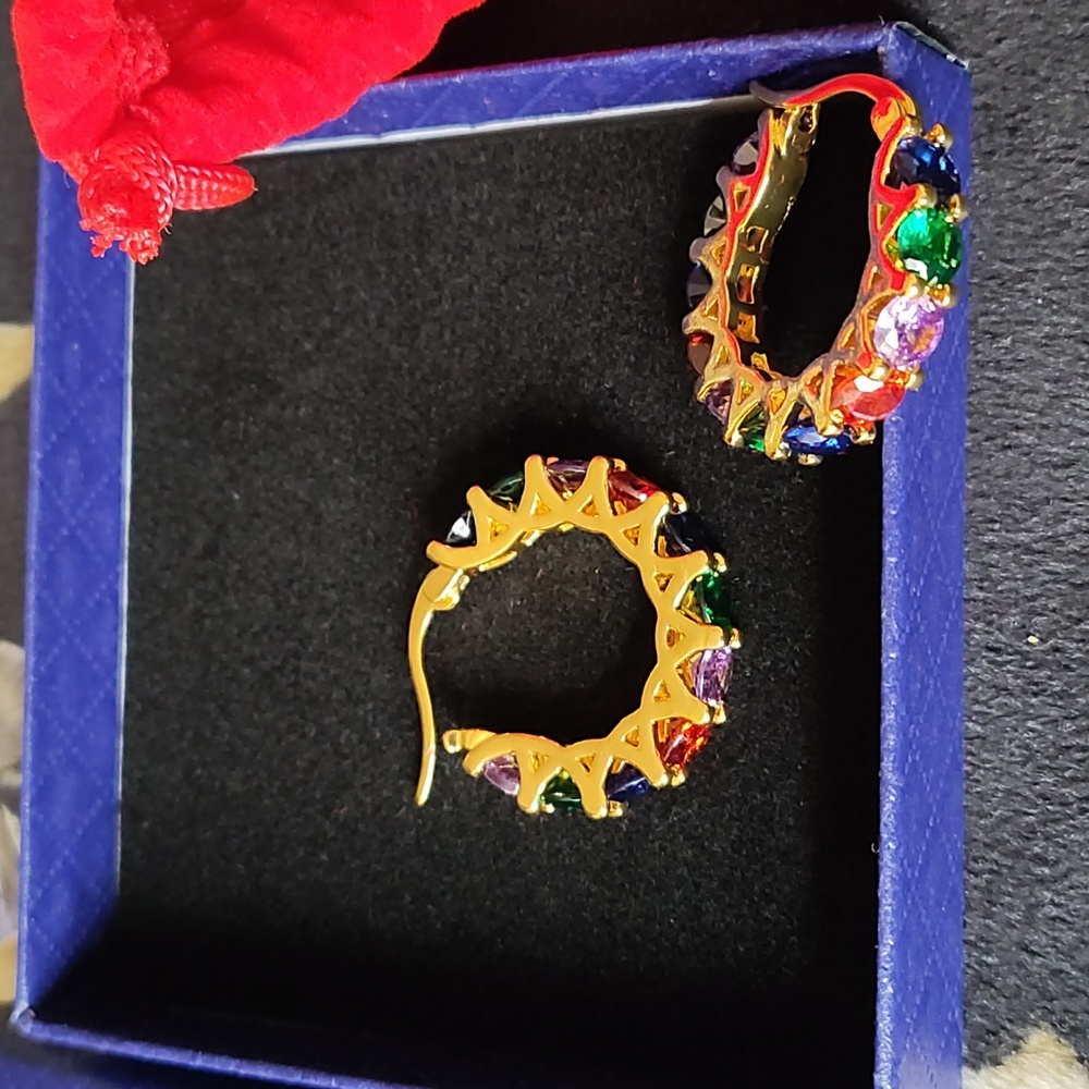 Luxury Rainbow Rhinestone Golden Color Hoop Earrings For Women New hi quality